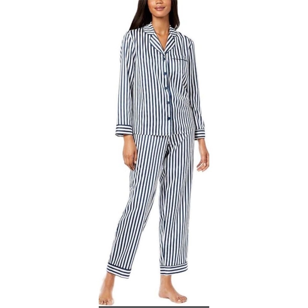 Alfani Satin Pajama Set Notch Collar Candy Cane Navy/ White Size Women's Large